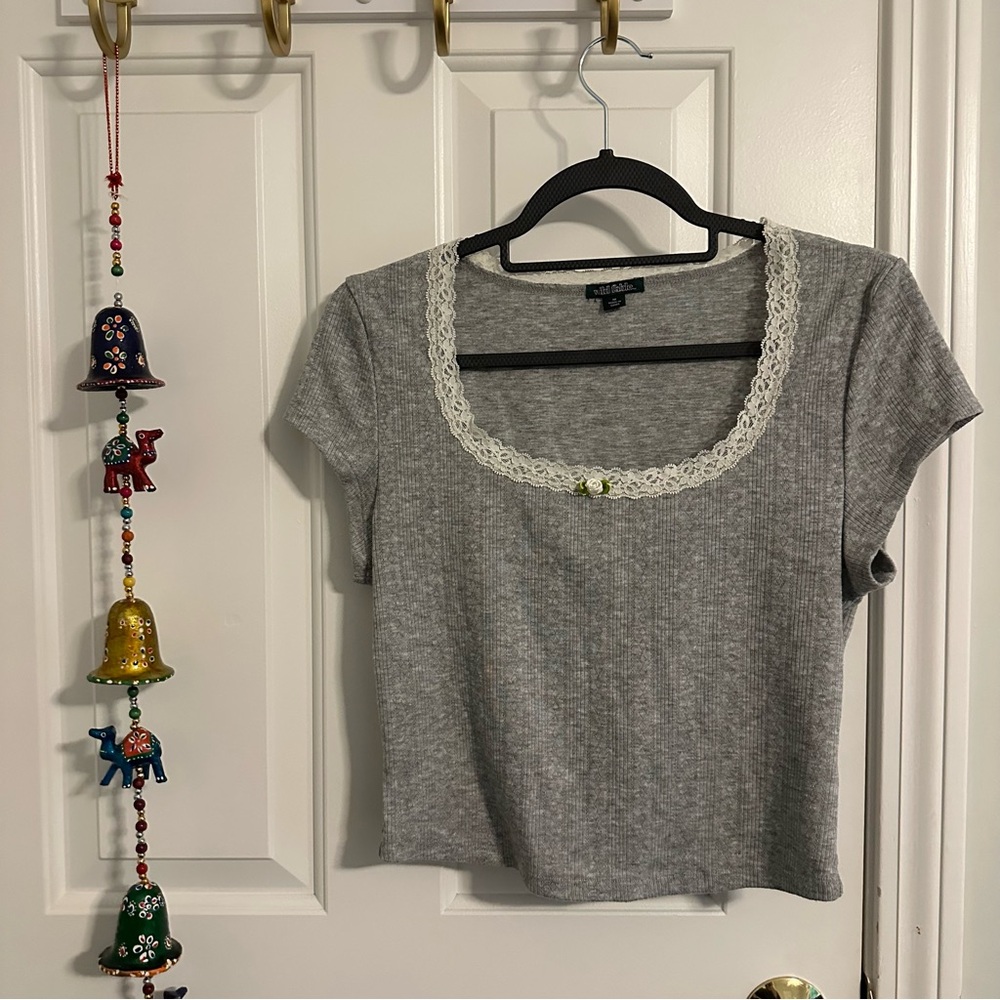 Wild Fable Gray Fitted Crop Tee with Lace Trim